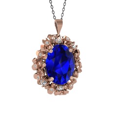 Lab safir ve pırlanta 14 ayar rose altın kolye (0.18 karat, 40 cm gümüş rolo zincir)