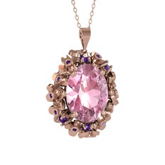 Belka Demet Kolye - Pembe kuvars ve ametist 8 ayar rose altın kolye (40 cm gümüş rolo zincir) #169zk63