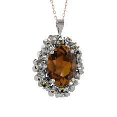 Belka Demet Kolye - Dumanlı kuvars ve peridot 8 ayar beyaz altın kolye (40 cm rose altın rolo zincir) #16ahc3u