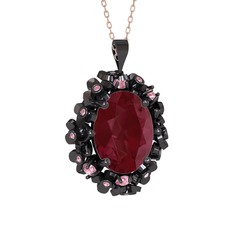 Belka Demet Kolye - Kök yakut ve pembe kuvars 925 ayar siyah rodyum kaplama gümüş kolye (40 cm rose altın rolo zincir) #16fht7u