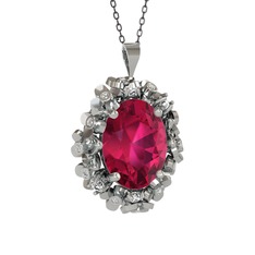 Belka Demet Kolye - Rodolit garnet ve swarovski 18 ayar beyaz altın kolye (40 cm gümüş rolo zincir) #18kcmrp