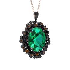 Belka Demet Kolye - Yeşil kuvars ve dumanlı kuvars 925 ayar siyah rodyum kaplama gümüş kolye (40 cm rose altın rolo zincir) #196pnwk