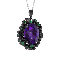 Belka Demet Kolye - Ametist ve yeşil kuvars 925 ayar siyah rodyum kaplama gümüş kolye (40 cm beyaz altın rolo zincir) #19frnw3