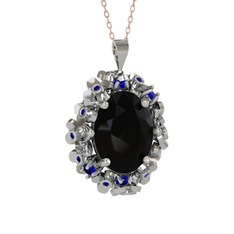 Siyah zirkon ve lab safir 925 ayar gümüş kolye (40 cm rose altın rolo zincir)