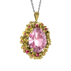 Belka Demet Kolye - Pembe kuvars ve rodolit garnet 8 ayar altın kolye (40 cm gümüş rolo zincir) #1bey044