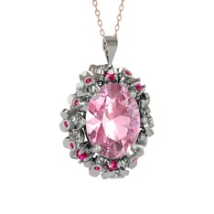 Belka Demet Kolye - Pembe kuvars ve rodolit garnet 14 ayar beyaz altın kolye (40 cm rose altın rolo zincir) #1cfdm5u