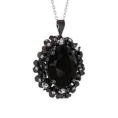 Belka Demet Kolye - Siyah zirkon ve pırlanta 925 ayar siyah rodyum kaplama gümüş kolye (0.18 karat, 40 cm beyaz altın rolo zincir) #1d2tuos