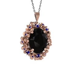 Siyah zirkon ve lab safir 14 ayar rose altın kolye (40 cm gümüş rolo zincir)