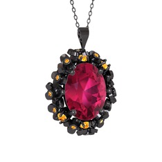 Rodolit garnet ve sitrin 925 ayar siyah rodyum kaplama gümüş kolye (40 cm gümüş rolo zincir)