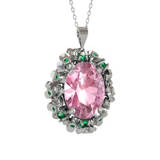 Pembe kuvars ve yeşil kuvars 925 ayar gümüş kolye (40 cm beyaz altın rolo zincir)
