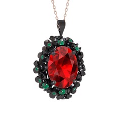 Belka Demet Kolye - Garnet ve kök zümrüt 925 ayar siyah rodyum kaplama gümüş kolye (40 cm rose altın rolo zincir) #1ee6dr3