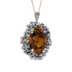 Dumanlı kuvars ve ametist 14 ayar beyaz altın kolye (40 cm rose altın rolo zincir)