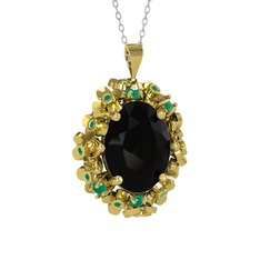 Belka Demet Kolye - Siyah zirkon ve kök zümrüt 14 ayar altın kolye (40 cm gümüş rolo zincir) #1fzyiuo