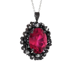 Belka Demet Kolye - Rodolit garnet ve pırlanta 925 ayar siyah rodyum kaplama gümüş kolye (0.18 karat, 40 cm gümüş rolo zincir) #1gfo9rl