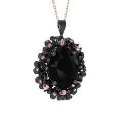 Siyah zirkon ve pembe kuvars 925 ayar siyah rodyum kaplama gümüş kolye (40 cm rose altın rolo zincir)