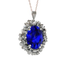 Lab safir ve pırlanta 14 ayar beyaz altın kolye (0.18 karat, 40 cm rose altın rolo zincir)