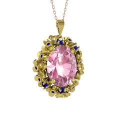 Pembe kuvars ve lab safir 18 ayar altın kolye (40 cm gümüş rolo zincir)