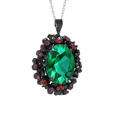 Belka Demet Kolye - Yeşil kuvars ve garnet 925 ayar siyah rodyum kaplama gümüş kolye (40 cm beyaz altın rolo zincir) #1hbok3t