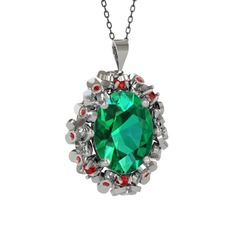 Yeşil kuvars ve garnet 14 ayar beyaz altın kolye (40 cm gümüş rolo zincir)