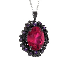 Belka Demet Kolye - Rodolit garnet ve ametist 925 ayar siyah rodyum kaplama gümüş kolye (40 cm beyaz altın rolo zincir) #1hqn0ci