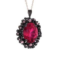 Belka Demet Kolye - Rodolit garnet ve pembe kuvars 925 ayar siyah rodyum kaplama gümüş kolye (40 cm rose altın rolo zincir) #1hrvm0t