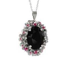 Belka Demet Kolye - Siyah zirkon ve rodolit garnet 18 ayar beyaz altın kolye (40 cm gümüş rolo zincir) #1hsjv2r