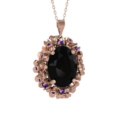 Belka Demet Kolye - Siyah zirkon ve ametist 8 ayar rose altın kolye (40 cm gümüş rolo zincir) #1id3afk