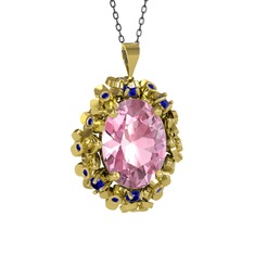 Pembe kuvars ve lab safir 18 ayar altın kolye (40 cm gümüş rolo zincir)