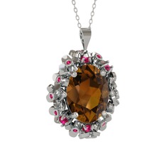 Belka Demet Kolye - Dumanlı kuvars ve rodolit garnet 925 ayar gümüş kolye (40 cm beyaz altın rolo zincir) #1jvtxlx