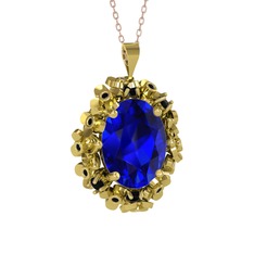 Lab safir ve siyah zirkon 14 ayar altın kolye (40 cm rose altın rolo zincir)