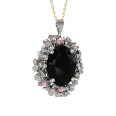 Siyah zirkon ve pembe kuvars 14 ayar beyaz altın kolye (40 cm altın rolo zincir)