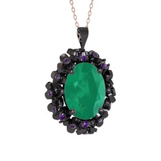 Belka Demet Kolye - Kök zümrüt ve ametist 925 ayar siyah rodyum kaplama gümüş kolye (40 cm rose altın rolo zincir) #1lxe8v3