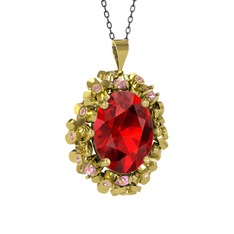 Belka Demet Kolye - Garnet ve pembe kuvars 18 ayar altın kolye (40 cm gümüş rolo zincir) #1mkvbhi