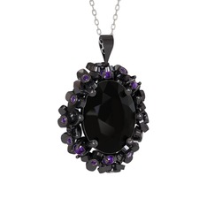 Belka Demet Kolye - Siyah zirkon ve ametist 925 ayar siyah rodyum kaplama gümüş kolye (40 cm beyaz altın rolo zincir) #1nb1sn5