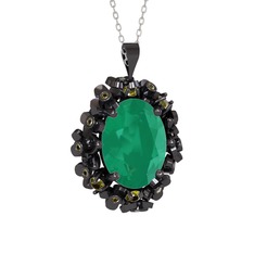 Kök zümrüt ve peridot 925 ayar siyah rodyum kaplama gümüş kolye (40 cm beyaz altın rolo zincir)