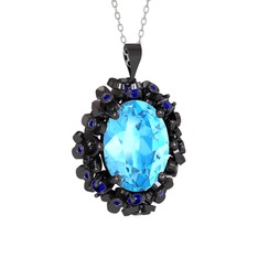 Belka Demet Kolye - Akuamarin ve lab safir 925 ayar siyah rodyum kaplama gümüş kolye (40 cm beyaz altın rolo zincir) #1ns1gg3