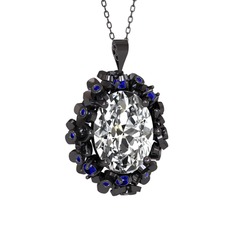 Beyaz zirkon ve lab safir 925 ayar siyah rodyum kaplama gümüş kolye (40 cm gümüş rolo zincir)