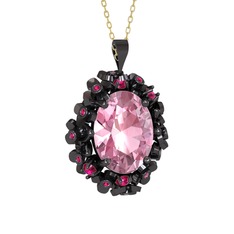 Pembe kuvars ve rodolit garnet 925 ayar siyah rodyum kaplama gümüş kolye (40 cm altın rolo zincir)