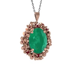Kök zümrüt ve kök yakut 14 ayar rose altın kolye (40 cm gümüş rolo zincir)