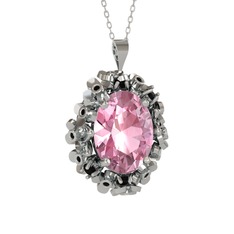 Belka Demet Kolye - Pembe kuvars ve siyah zirkon 8 ayar beyaz altın kolye (40 cm beyaz altın rolo zincir) #1r1g316