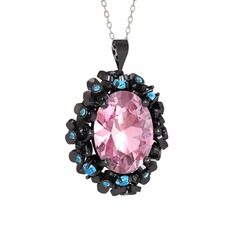 Pembe kuvars ve akuamarin 925 ayar siyah rodyum kaplama gümüş kolye (40 cm beyaz altın rolo zincir)