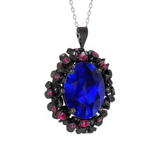 Belka Demet Kolye - Lab safir ve rodolit garnet 925 ayar siyah rodyum kaplama gümüş kolye (40 cm beyaz altın rolo zincir) #1s14sbs