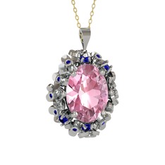 Pembe kuvars ve lab safir 14 ayar beyaz altın kolye (40 cm altın rolo zincir)