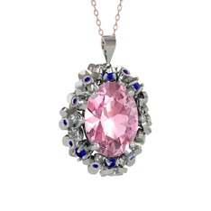 Belka Demet Kolye - Pembe kuvars ve lab safir 925 ayar gümüş kolye (40 cm rose altın rolo zincir) #1sf0s3m