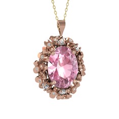 Pembe kuvars ve swarovski 8 ayar rose altın kolye (40 cm altın rolo zincir)
