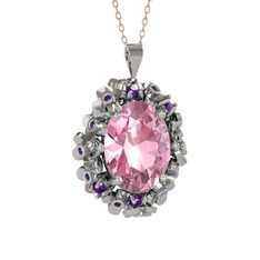 Belka Demet Kolye - Pembe kuvars ve ametist 18 ayar beyaz altın kolye (40 cm gümüş rolo zincir) #1svcbth