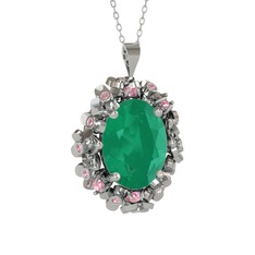 Belka Demet Kolye - Kök zümrüt ve pembe kuvars 8 ayar beyaz altın kolye (40 cm beyaz altın rolo zincir) #1ucprx7
