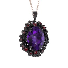 Belka Demet Kolye - Ametist ve kök yakut 925 ayar siyah rodyum kaplama gümüş kolye (40 cm gümüş rolo zincir) #1uzry0s