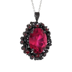 Belka Demet Kolye - Rodolit garnet ve kök yakut 925 ayar siyah rodyum kaplama gümüş kolye (40 cm beyaz altın rolo zincir) #1v9br8h