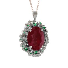 Kök yakut ve yeşil kuvars 14 ayar beyaz altın kolye (40 cm rose altın rolo zincir)